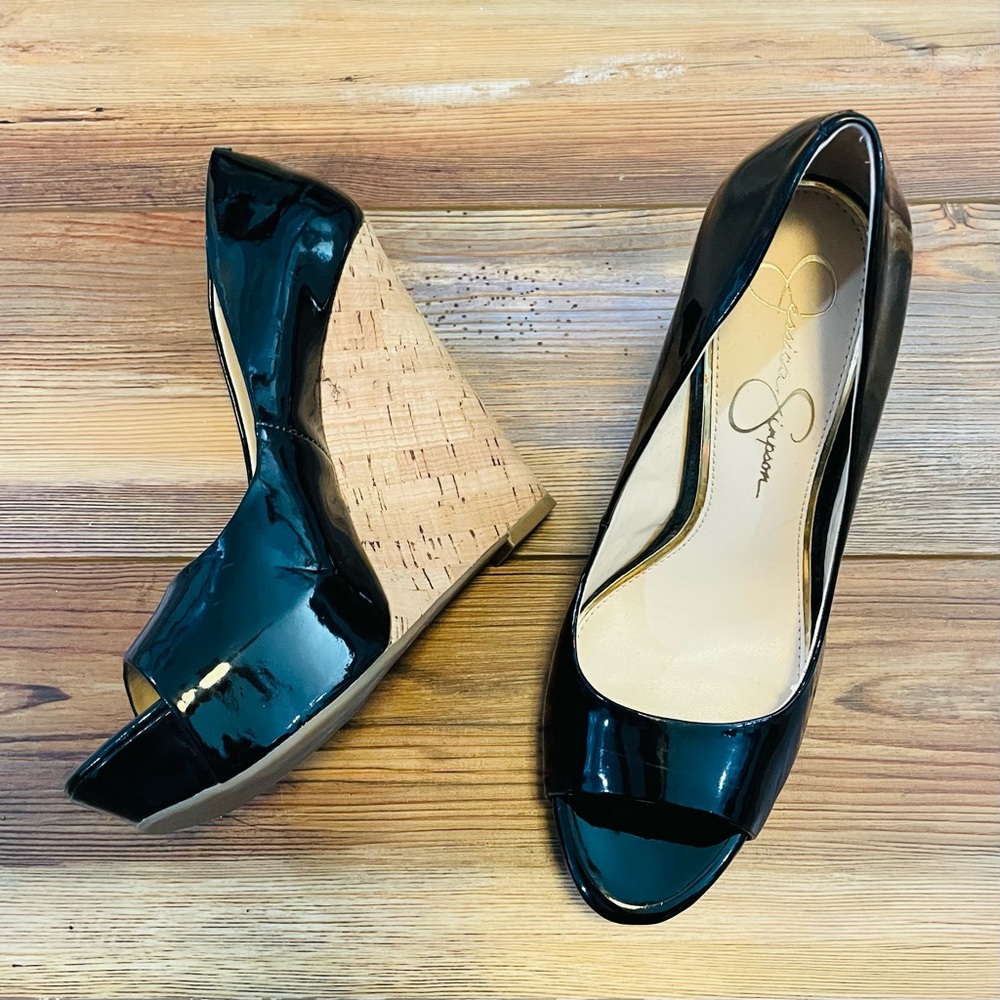 Jessica Simpson Bethani Peep Toe Sexy Cork Patent Wedges Black Womens Size 8